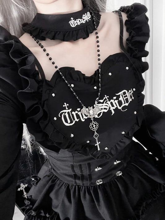 Black Gothic Off-the-shoulder Neckline Letter Print Bell Sleeves Dress