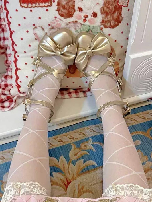 Gold Bow at Top Star Buckle Straps High Heels