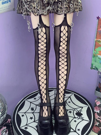 Black/Red/White Punk Rock Cut-out Design Suspender Stockings