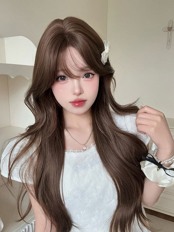 Brown 71CM Length Wavy Wig With Air Bangs