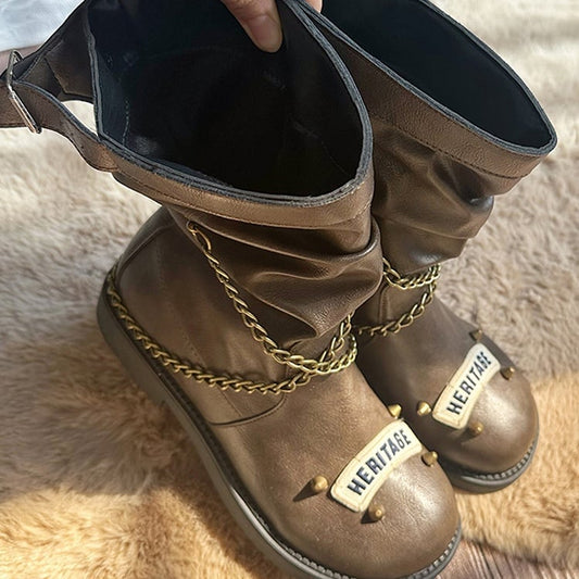 Brown Crisscross Chain Stud Detail Boots