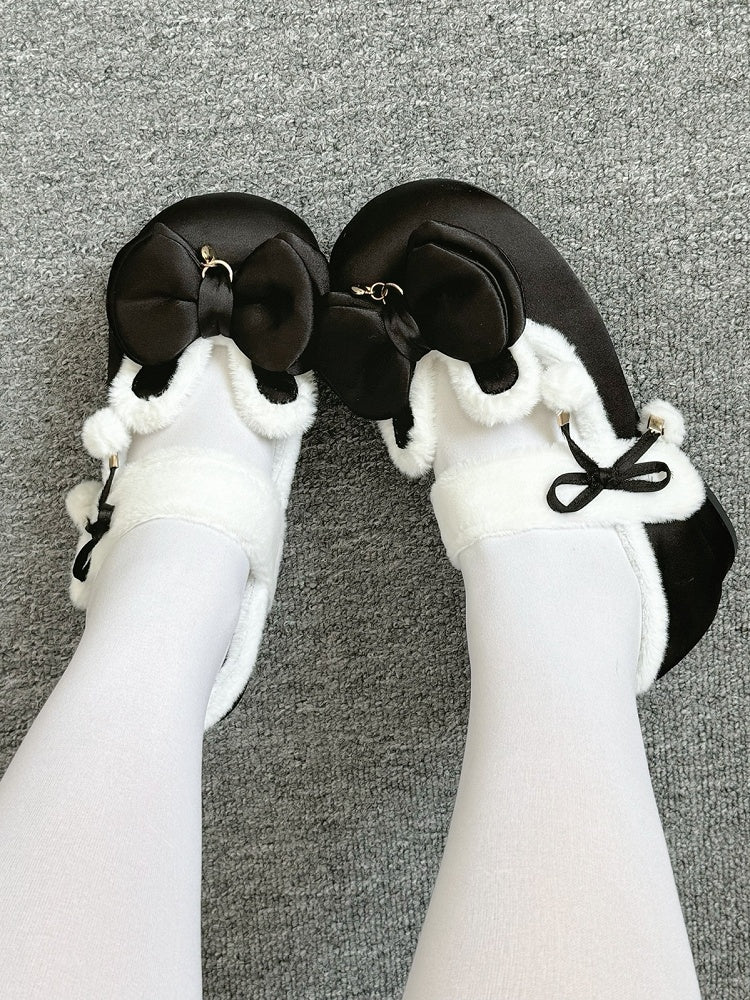 Black Sweet Lolita Heart Charm Plush Bunny Ear Bow at Top Round Toe Shoes