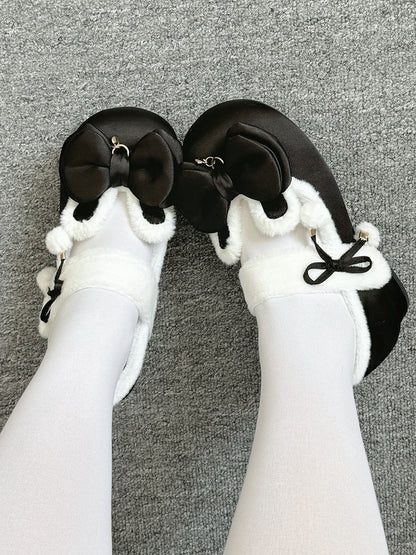 Black Sweet Lolita Heart Charm Plush Bunny Ear Bow at Top Round Toe Shoes