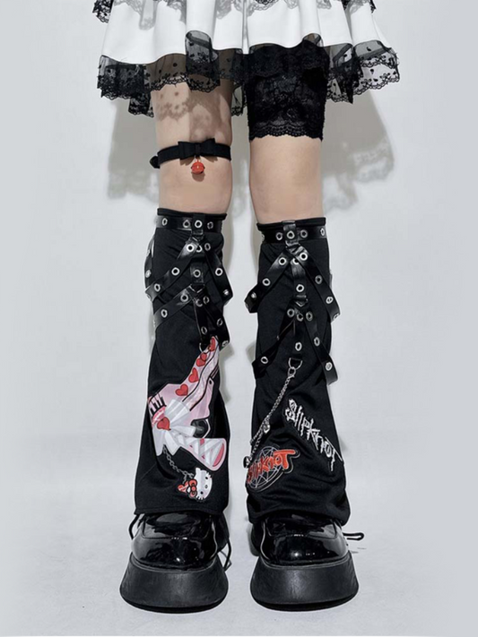 Black Cartoon Print Chain PU Strap Design Leg Warmers