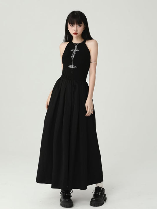 Gothic Black Round Neck Cross Print Sleeveless Dress