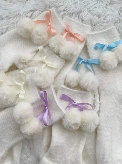 4 Colors Bow Pompons Lolita Calf/Ankle Socks