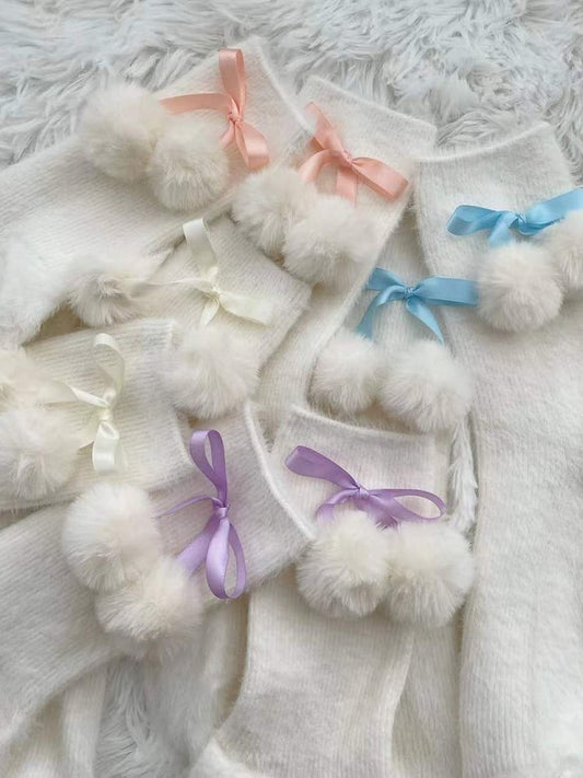 4 Colors Bow Pompons Lolita Calf/Ankle Socks