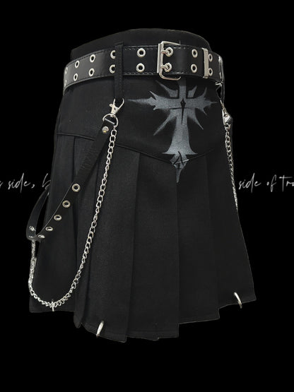 Y2K Black Cross Print Punk Rock Glamorous Pleated Skirt