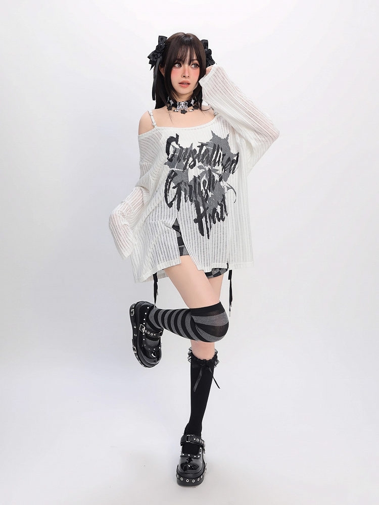 Y2K Off-the-shoulder Neckline Slit Hem Black/White Graphic Coverup