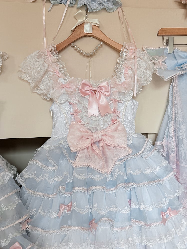 Blue and Pink Hime Lolita Bow Accents Tiered Skirt Princess Dress