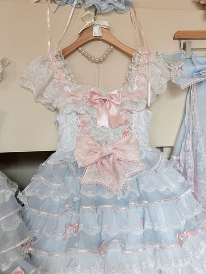 Blue and Pink Hime Lolita Bow Accents Tiered Skirt Princess Dress