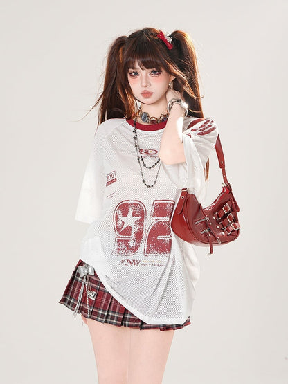 White Round Neck Number Print Hollow-out T-shirt