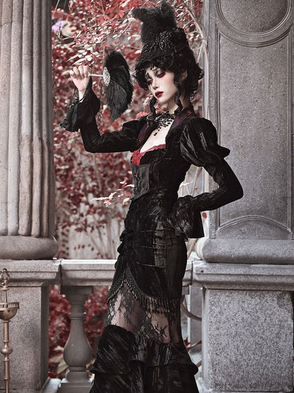 Halloween Gothic Black Velvet Cropped Jacket with Sequins Collar Vampire Jacket