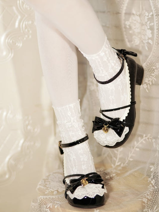 Black Heart Charm Bow at Top Lace Trim Crisscross Design Lolita Shoes