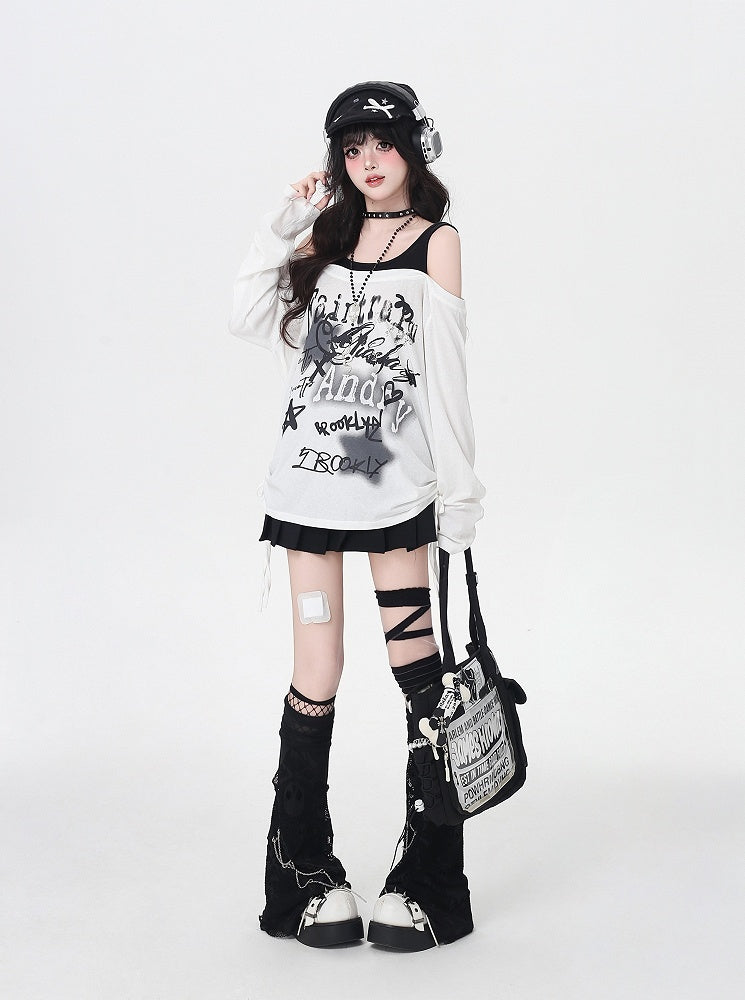 Y2K Star Print Open Shoulder Black/White Top Faux Two-pieces