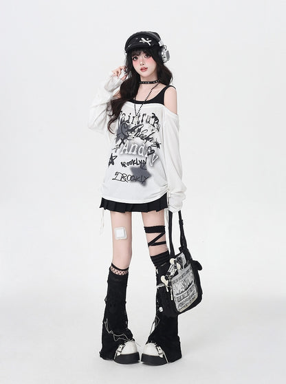 Y2K Star Print Open Shoulder Black/White Top Faux Two-pieces