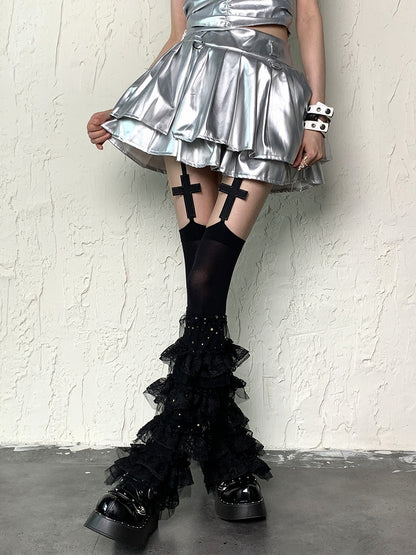 Black Y2K Star and Moon Tiered Ruffle Trims Leg Sleeves