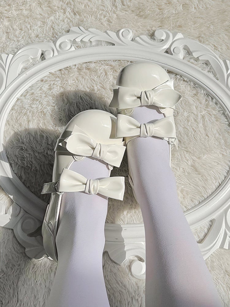 Beige Bow Accents Point Toe Sweet Lolita Block Heels