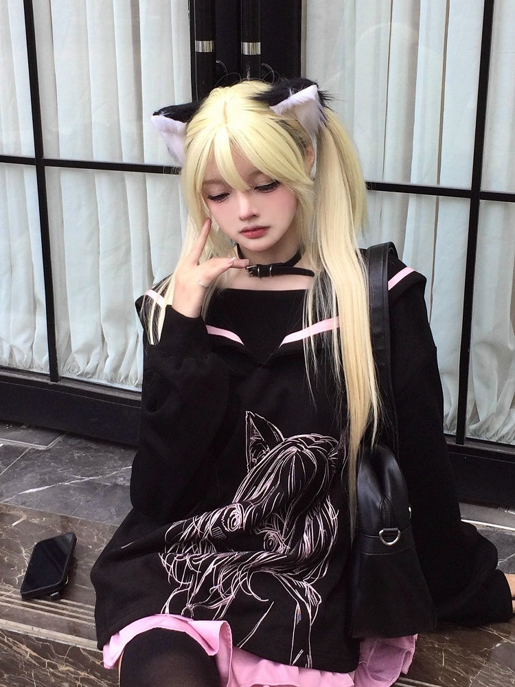 Black/Pink Sailor Collar Sweatshirt with Manga Girl Print and Ribbon Bow Back - Jirai Kei Style