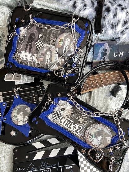 Black & Dark Blue Bone Shape Ita Shoulder Bag with Cross Charm Chain