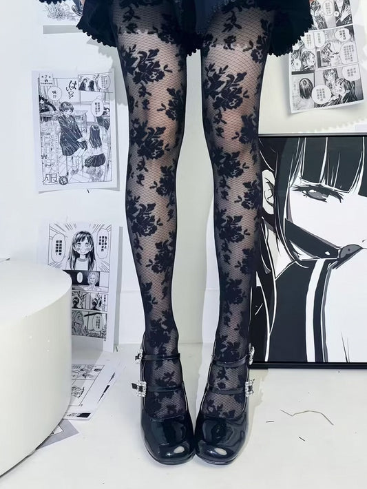 Black Floral Pattern Fishnet Tights