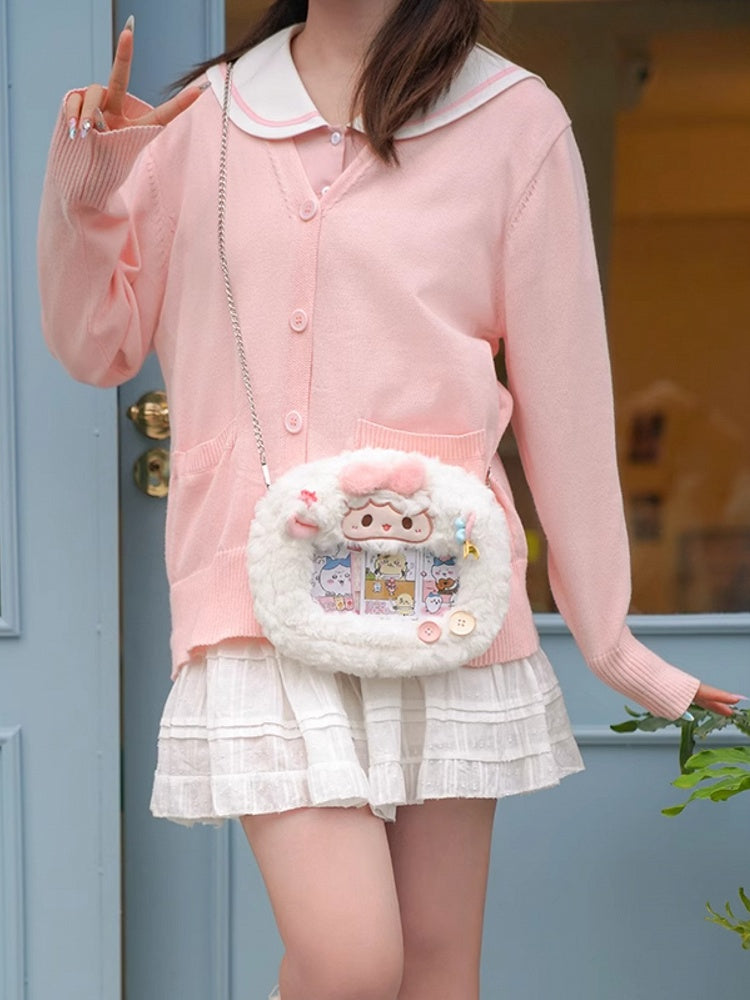 White Bowknot Decorated Cute Plush Lamb Crossbody Ita Bag