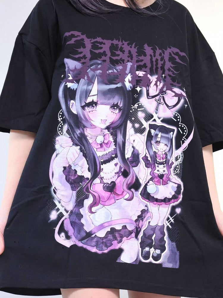 Black Jirai Kei Cartoon Girl Print Round Neck Oversized T-shirt