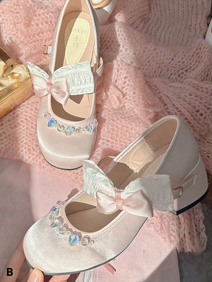 Bow Accents Light Pink Rhinestones Embellished Mary Janes