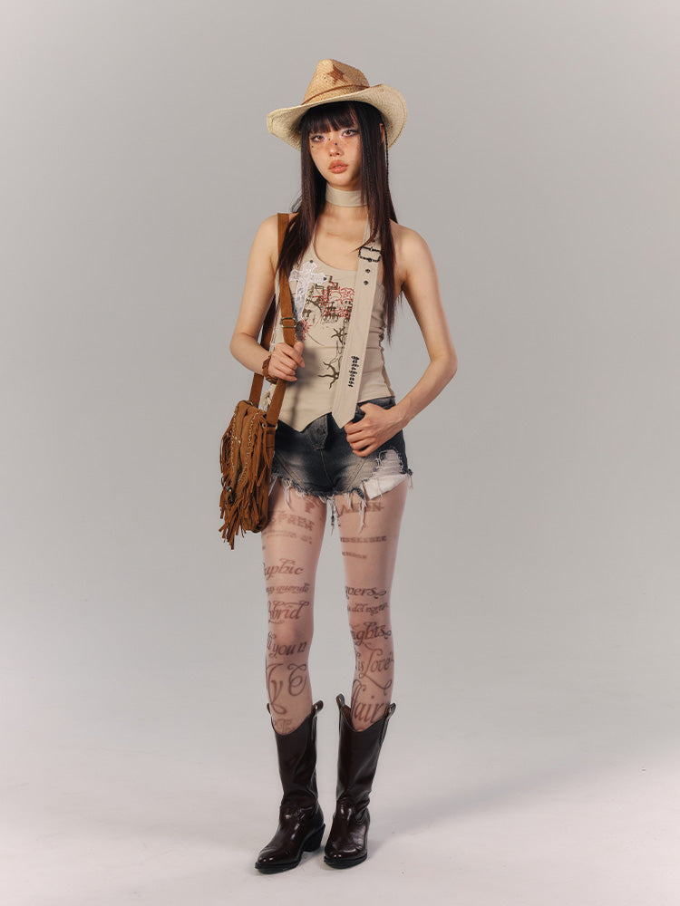 Cross Applique Apricot Halter Neck Top Lace-up Detail