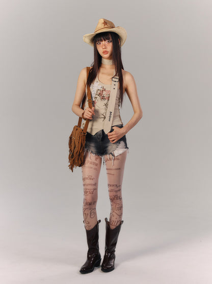 Cross Applique Apricot Halter Neck Top Lace-up Detail