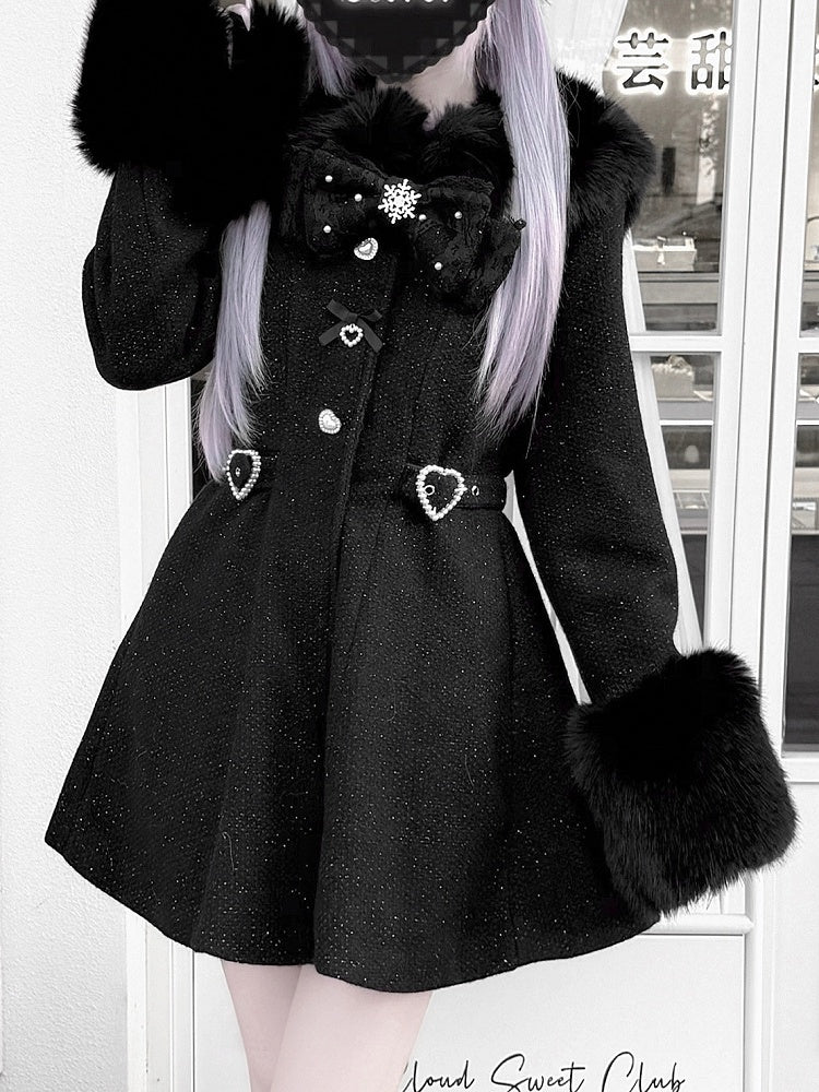 Jirai Kei Black/Beige Waisted Coat with Detachable Faux Fur Collar and Cuffs