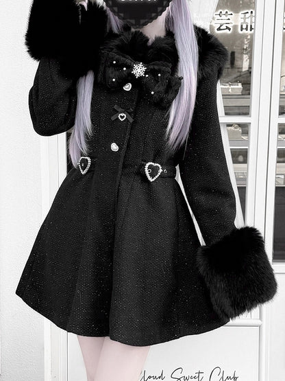 Jirai Kei Black/Beige Waisted Coat with Detachable Faux Fur Collar and Cuffs