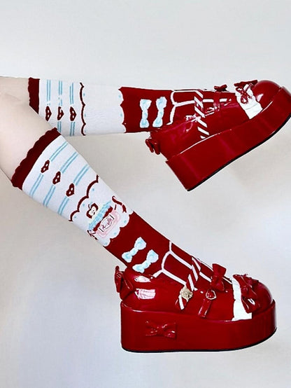 Red Apple Heart Honey Jar Bowknot Print Striped Pattern Lolita Calf Socks