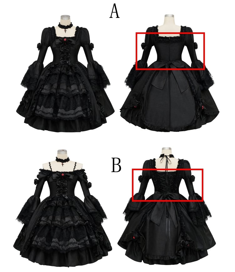 Black Layered Bell Sleeves Kuro Gothic Lolita Dress Bowknot Details and Drawstring Skirt