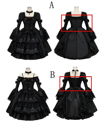 Black Gothic Layered Bell Sleeves Drawstring Skirt Kuro Lolita Dress + Cape