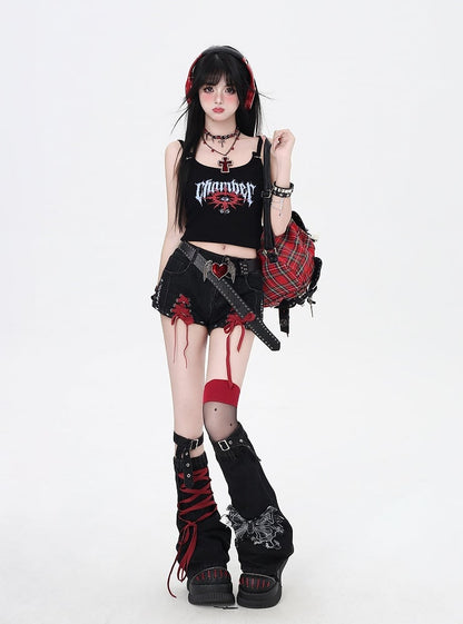 Black and Red Lace-up Details Hem Denim Shorts with Butterfly Applique Leg Warmers