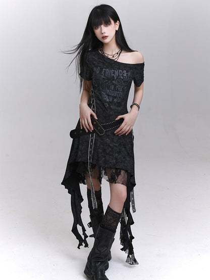 Asymmetrical Neckline Cascading Ruffles Gray/Black Tie Dye Dress with Waist Belt