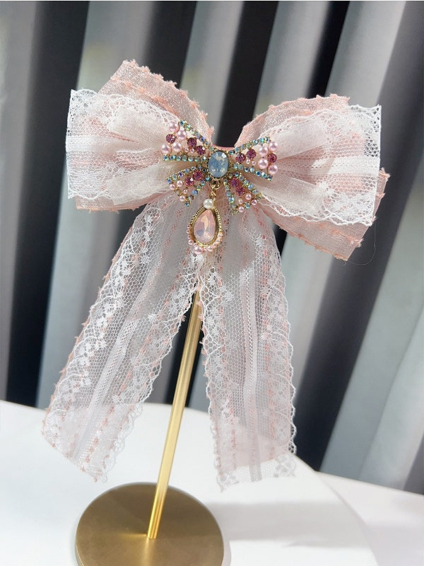 Black/Pink Preppy Style Rhinestone Decorated Bowknot Brooch