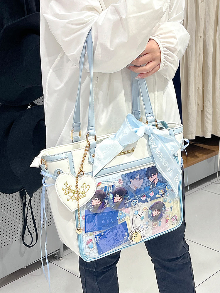 White and Blue Bowknot and Heart-shaped Charm Ita Bag