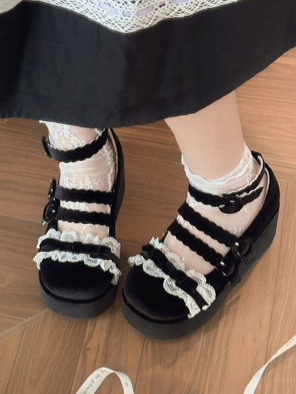 Lace Trim Bowknot at Top Velvet Black Buckle Straps Platforms