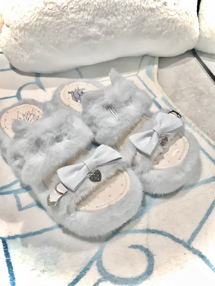 Light Blue Jirai Kei Plush Slippers: Embroidered Cat Design with Platform Sole & Top Bow