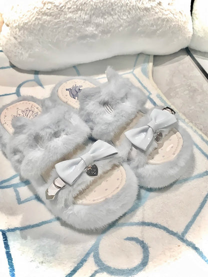 Light Blue Jirai Kei Plush Slippers: Embroidered Cat Design with Platform Sole & Top Bow