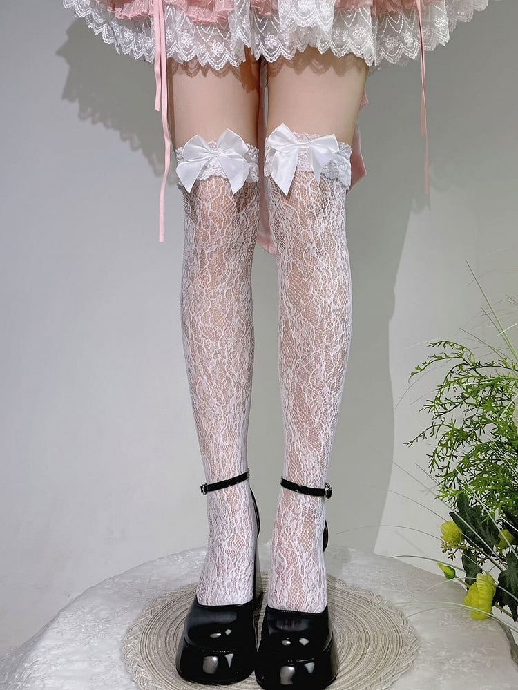 White Bow Lace Trim Sweet Lolita Over Knee Stockings