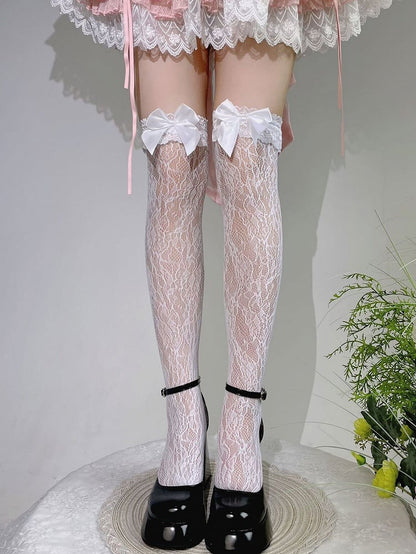 White Bow Lace Trim Sweet Lolita Over Knee Stockings