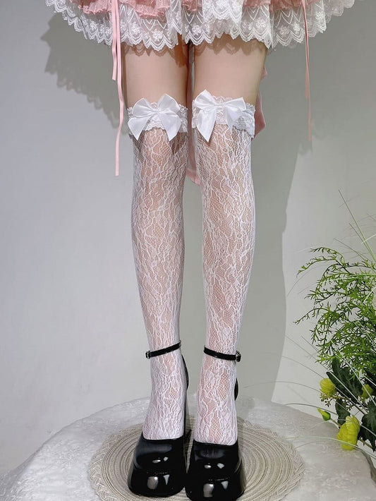 White Bow Lace Trim Sweet Lolita Over Knee Stockings