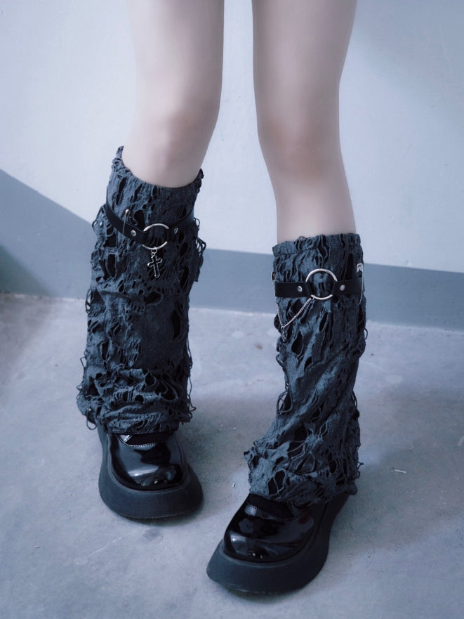 Cross Decorated Distressed Holes Dark Gray Gothic Leg Warmers