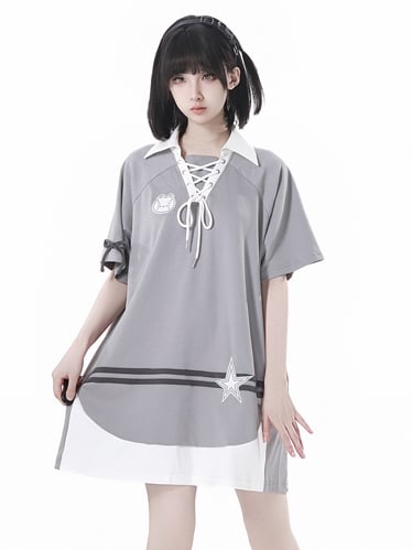 Gray Lace-up Neckline Bunny and Star Applique Loose Dress