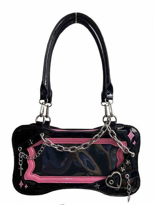 Black & Dark Pink Bone Shape Ita Shoulder Bag with Cross Charm Chain