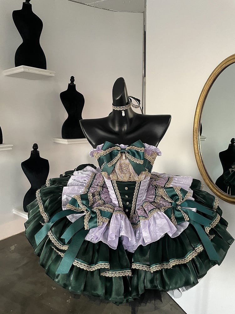 Green and Light Purple Layers Puffy Lolita Dress with Gold Lace Trim and Bow Accents