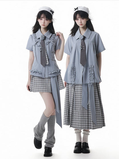 Dusty Blue Ruffle Trim Drawstring Details Preppy Style Loose Shirt